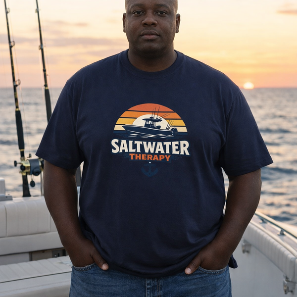 Saltwater Therapy Boat T-Shirt — Vintage Sunset Fishing Tee